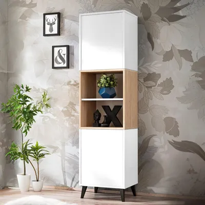 Produktbild von Schrank Fondi – 2-türig, skandinavischer Stil, weiß-holzfarben, 173x35x46 cm