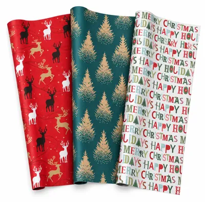 Obrázok produktu pre Benza – Vianočný darčekový papier „Christmas Elegance“ – 3 rolky, každá o rozmeroch 70 × 200 cm – motívy: jeleň, vianočné stromčeky a vianočné nápisy – farby: červená, petrolová zelená a biela, Obrázok generovaný UI