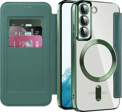 Immagine prodotto di Custodia per Samsung Galaxy S22 5G compatibile con MagSafe, custodia trasparente con portacarte, custodia in pelle con protezione della fotocamera verde