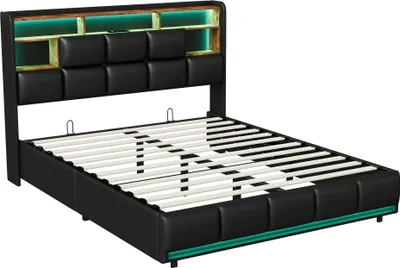 Produktbild von Hydraulisches Doppelbett - Polsterbett - Stauraum im Kopfteil - LED-Beleuchtung - USB-Ladeanschluss - 160×200 cm - Schwarz