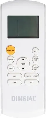 A white remote control for an air conditioner, with a screen and various buttons.