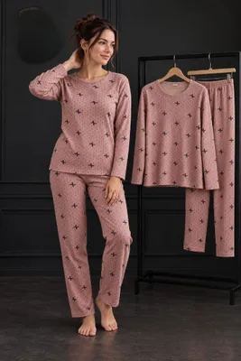 Produktbild von Damen Pyjama Schlafanzug Rosa L Lang Warm Winter 2-Teiler Set L-88