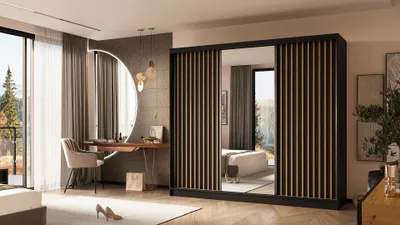 Produktbild von ALTDECOR Kleiderschrank mit Spiegel und Schiebetüren, kugelgelagerte Führungsschienen und Aluminium-Leisten - LAMELO - 240 cm - Schwarz/Schwarz/Artisan