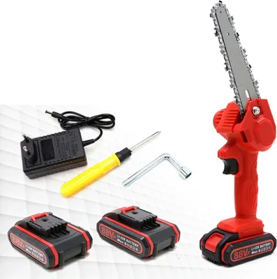 A collection of items for a cordless chainsaw kit, including the chainsaw, batteries, charger, and tools, laid out on a white background.