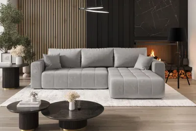 Image de Canapé d'angle avec fonction sommeil et coffre de lit MILO, tissu MONOLITH, gris clair, droite