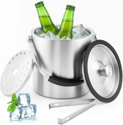 Productafbeelding van Roestvrij staal - 1,6 liter - Luchtdicht - Zeef en ijstang - Dubbelwandig geïsoleerde flessenkoeler - Draagbare ijsemmer voor bier en champagne