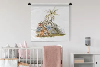 Produktbild von MuchoWow® Wandteppich Wandbehang Tiger - Pflanzen - Malerei 90x90 cm Tapisserie Dekoration Wandtuch - Wandaufhänger