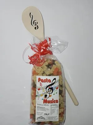Produktbild von Motivnudeln mit Kochlöffel: Noten, 250g Nudeln + Löffel, Holzlöffel, Notenschlüssel, Geschenkidee