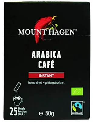 A product box for Mount Hagen Arabica Cafe Instant coffee sticks.