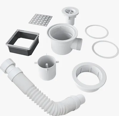 A collection of white and silver plumbing parts for a shower drain system, laid out on a white background.