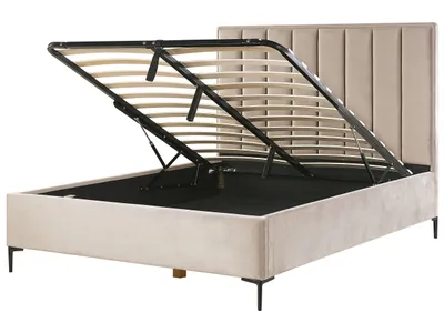 Produktbild von BELIANI Polsterbett Taupe Samtstoff Gesteppt mit Hohem Kopfteil Bettkasten Lattenrost 160x200 cm Hochklappbar für Schlafzimmer Doppelbett Ehebett