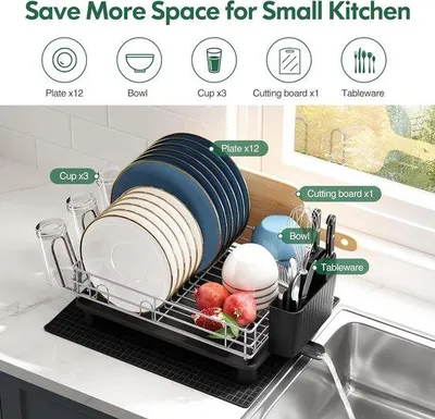 Imagen del producto de Estante para secar platos con bandeja de desagüe, escurreplatos de acero inoxidable con desagüe giratorio, escurridor para encimera de cocina con soporte para vasos, soporte para utensilios, secador de platos adicional, color gris