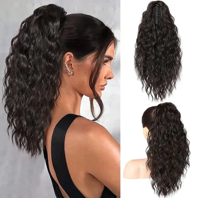 Productafbeelding van Paardenstaart haarstuk, synthetisch haar, golvend, zwart, 45 cm, met klip