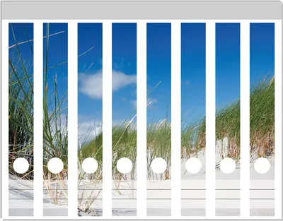 Produktbild von Wallario Ordnerrücken Sticker, selbstklebend für schmale Ordner, 8 Stück, Motiv Düne am Strand unter blauem Himmel