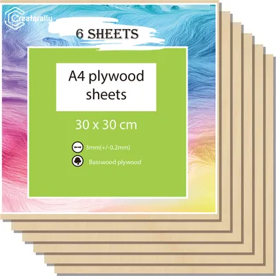 A stack of six wooden plywood sheets, with a green label overlay showing product details.