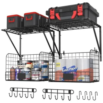 Obrázek produktu pro Regálové systémy do garáže, montáž na zeď, s drátěnými koši a háčky, organizér nářadí, černá barva, 2 kusy