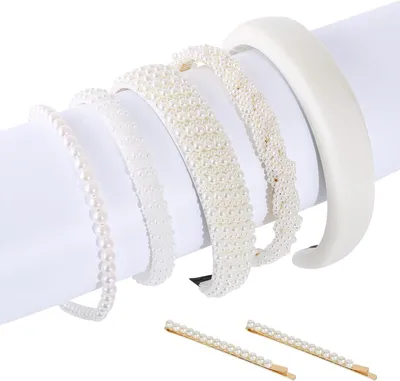 Image de Bandes de cheveux ornées de perles blanches, lot de 5, comprenant 2 pinces à cheveux, idéales pour les mariages et pour un usage quotidien