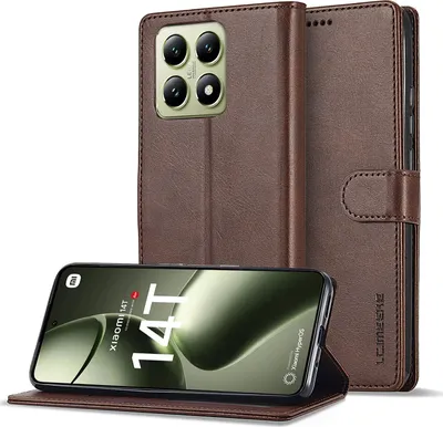 A brown leather flip case for a Xiaomi 14T phone is shown, with the phone displayed inside.