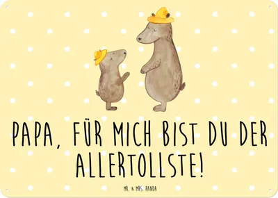 Produktbild von Mr. & Mrs. Panda Wandbild Bären mit Hut DIN A3 - Gelb Pastell - Geschenk, Muttertag, Family, Vatertag, Retro Blechschild, Kinder, Schild, Papa, tafel, Familie, Türschild