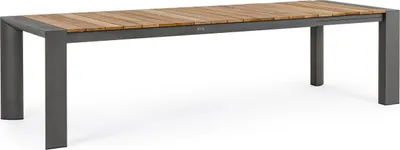 A long, rectangular outdoor table with a wooden slatted top and dark gray metal legs, presented on a white background.