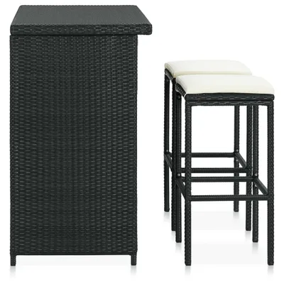 A black poly rattan bar set with two white cushioned stools, shown against a white background.