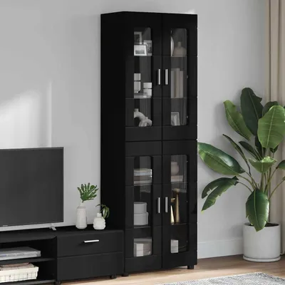 Image de Meuble de rangement haut FLORIN, dimensions 60 x 35 x 182 cm, en bois composite, couleur noire