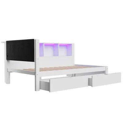 Produktbild von Flieks Tagesbett 90x200cm mit Schubladen, Jugendbett Einzelbett mit Led und Usb, Schlafsofa Holzbett Sofabett mit Regal, Gästebett Weiß