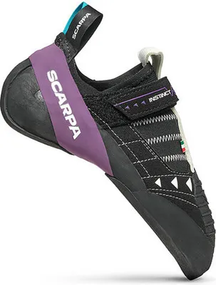 Kletterschuh Instinct VSR LV von Scarpa; schwarz mit lila und weißen Akzenten; für Klettern.