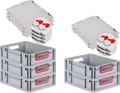 Produktbild von SuperSparSet 5x Eurobox NextGen Color mit Scharnierdeckel und Schiebeschnappverschlüssen | HxBxT 12x30x40cm | 11 Liter | Grau | Griffe rot offen | Glatter Boden | Eurobehälter, Transportbox, Transportbehälter, Stapelbehälter