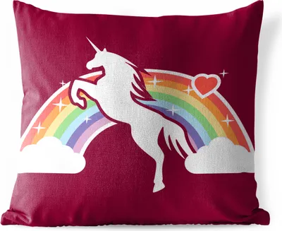 Produktbild von MuchoWow® Outdoor Kissen - Eine Illustration von einem weißen Einhorn vor einem Regenbogen auf einem roten Hintergrund - Mädchen - Kind - Kinder - 60x60 cm - Wetterfest - Lounge Kissen - Dekoration -