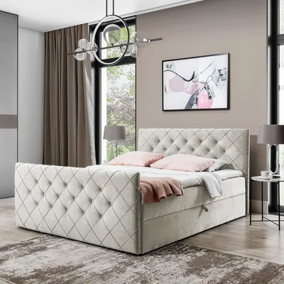 Produktbild von Boxspringbett MONAKO-200x200cm Bettkästen|Topper|Doppelbett|Polsterbett|Gepolstertes Kopfteil und Fussteil mit einer eleganten Steppung verziert-Beige