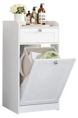 Image de Armoire de salle de bain avec panier à linge – Bois MDF blanc – 40 x 40 x 80 cm