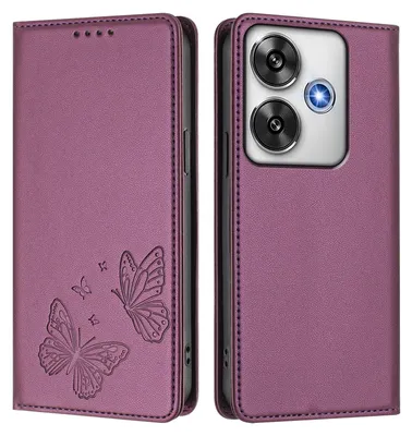 Obrázek produktu pro Kožené pouzdro pro Xiaomi Poco F6, motýlí ražbou, peněženkové flip pouzdro se stojánkem Fialová