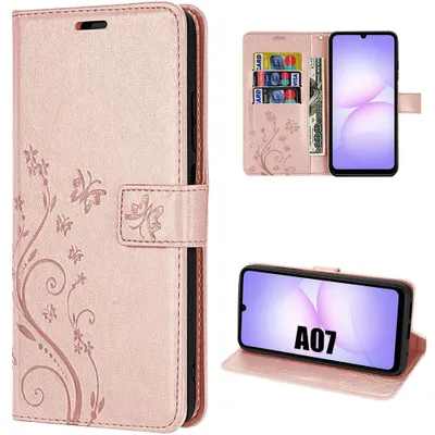Image de Coque pour Samsung Galaxy A07, Protection Rabat Cuir Synthétique Antichoc Rose Motif Papillon Fleurs