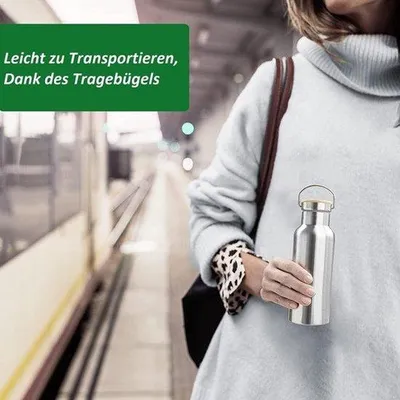 Obrázek produktu pro Vyměnitelná láhev na pití 750 ml z nerezové oceli – nepropustná – vhodná pro děti – s držadlem – dvojitá stěna – pro dospělé i děti