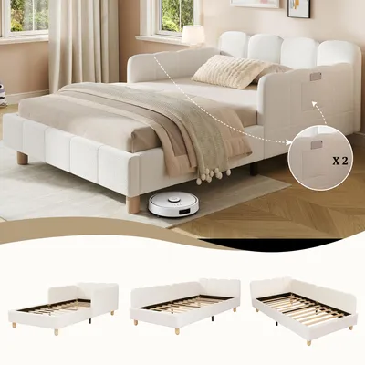 Image de Lit rembourré 90 x 200 cm, lit simple pour enfants avec tête de lit rembourrée et barrière de sécurité, revêtement en bouclé et pieds en bois massif, beige