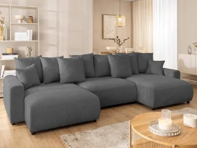 Produktbild von Calma - Komfortable Wohnlandschaft im Bumpy-Design mit Schlaffunktion und Bettkasten aus weichem Grau Chenille-Stoff