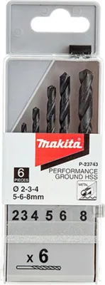 Immagine prodotto di Set di punte per metallo Makita Performance HSS con punta rettificata, 6 pezzi.