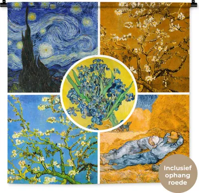 Produktbild von MuchoWow® Wandteppich Wandbehang Van Gogh - Collage - Sternennacht 90x90 cm Tapisserie Dekoration Wandtuch - Wandaufhänger