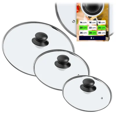 A collage of glass lids for pots and pans, with a size chart overlay.