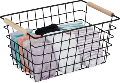 Produktbild von Drahtkorb - Holzgriffe - Rechteckig - Drahtdesign - Für Kleidung - Für Accessoires - Korb - 16x31x21 cm - Schwarz
