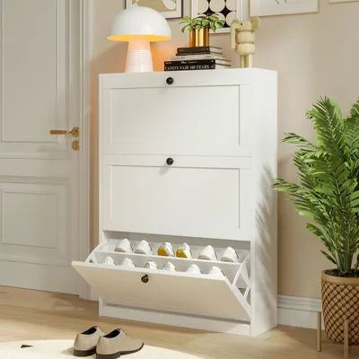 Produktbild von VOWNER Schuhschrank mit 3 Klappen, Schmaler Schuhregal, Verstellbar, 80 x 24 x 117 cm, Weiß