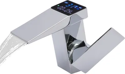 A modern chrome faucet with a digital display showing temperature and time.