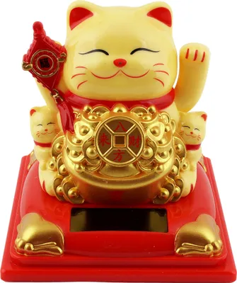 Produktbild von Glückskatze Maneki-Neko Knoten beige Solar auf Sockel 8cm Winkekatze Lucky cat