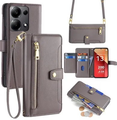 Produktbild von Handykette Xiaomi Hülle mit Band Handyhülle Kartenfächer Kunstleder Umhängetasche Redmi Note 13 Pro 4G Grau
