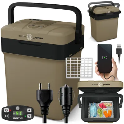 Produktbild von PEME Essential 26 Liter elektrische Kühlbox zum Kühlen und Warmhalten, 12/230V mobiler Kühlschrank, Eco-Modus, USB-Anschluss, für Camping und Auto
