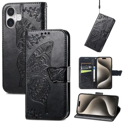 Produktbild von Für Apple iPhone 16 Plus Kunstleder Wallet Handy Tasche Schmetterling Design Hülle Etuis Schwarz