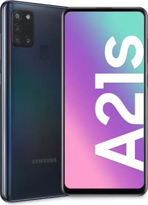 A Samsung Galaxy A21s smartphone is shown from the front and back, with the screen displaying large text.