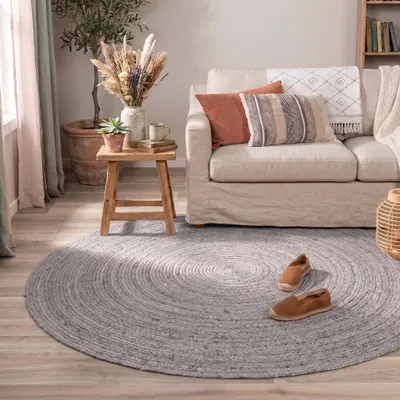Produktbild von Volero - Jute Teppich Rund - Fair Grau - Ø 140 cm - Wohnzimmer, Esszimmer, Schlafzimmer - Boho, Ländlich, Modern