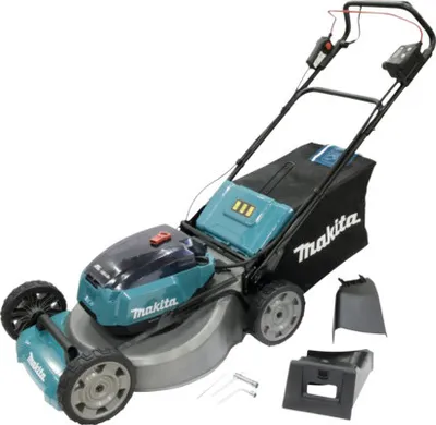 A cordless electric lawnmower with a grass collection bag and accessories, presented on a white background.
